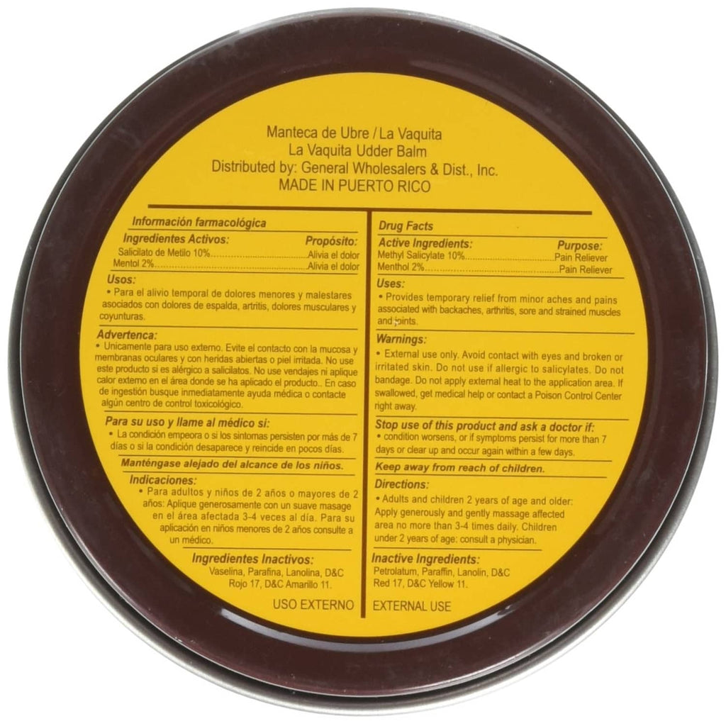 Round udder balm tin back label with usage and warning text, 3.17 oz