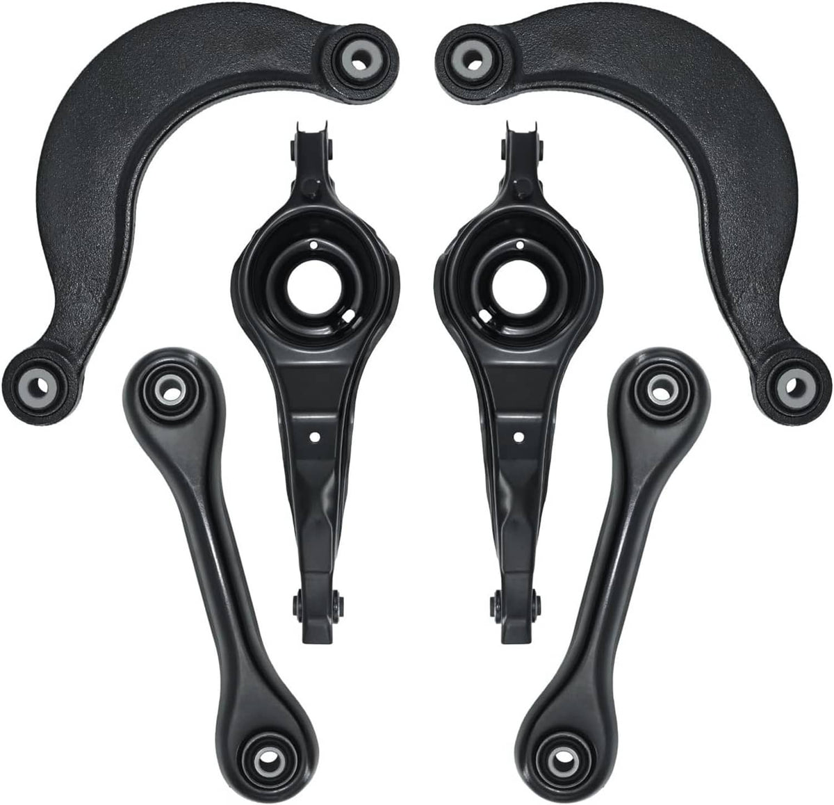 Suspension control arm kit with multiple black arms and circular bushings