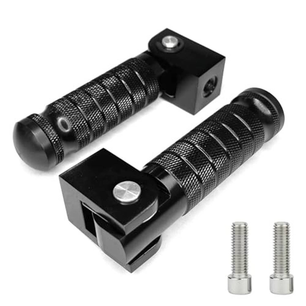 Black foot pegs pair with textured grips, square brackets, and two included mounting bolts