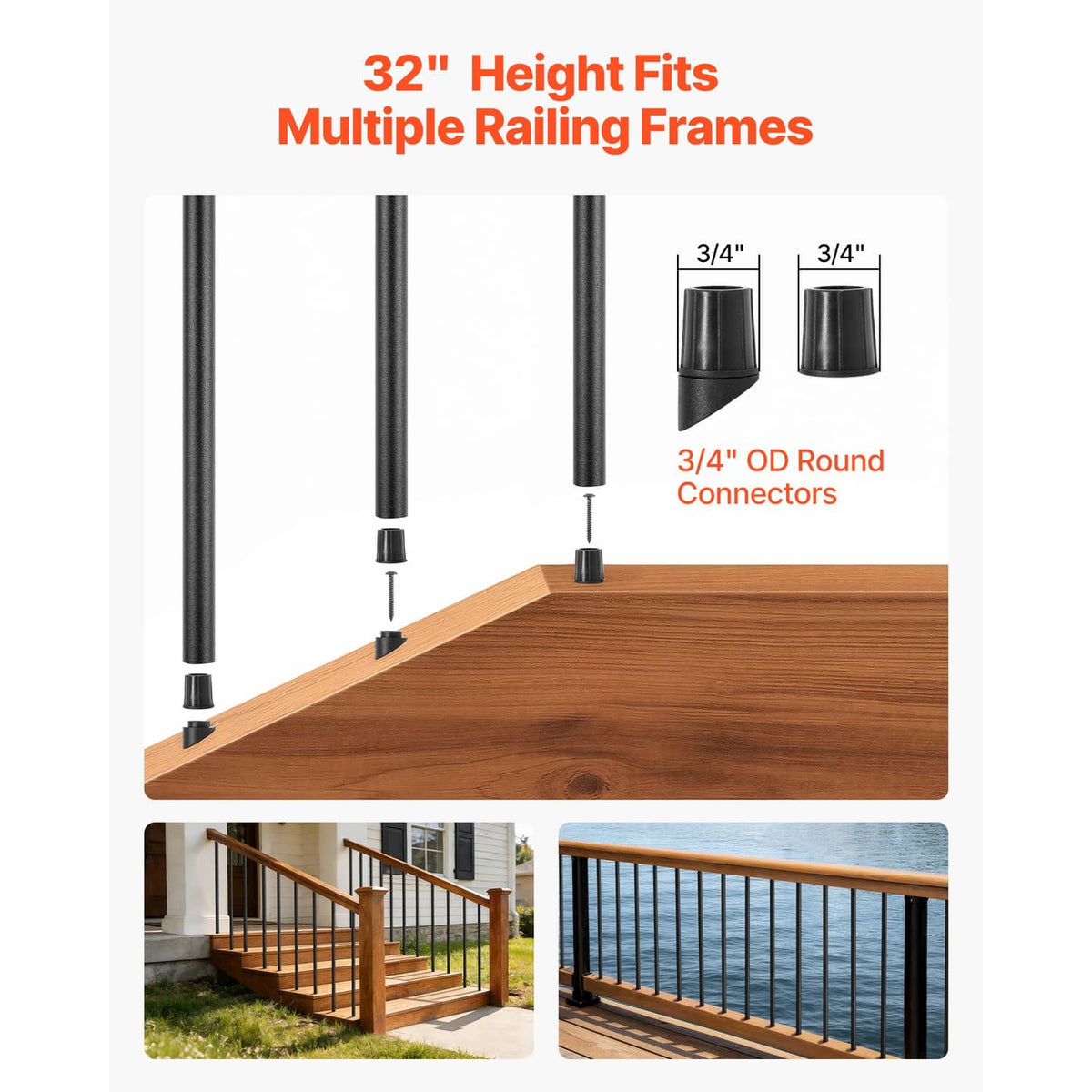 Black round aluminum deck spindles with 3/4 in round connector pieces on wood rail