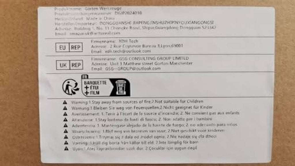 Product label with bar and warning icons plus safety and compliance text