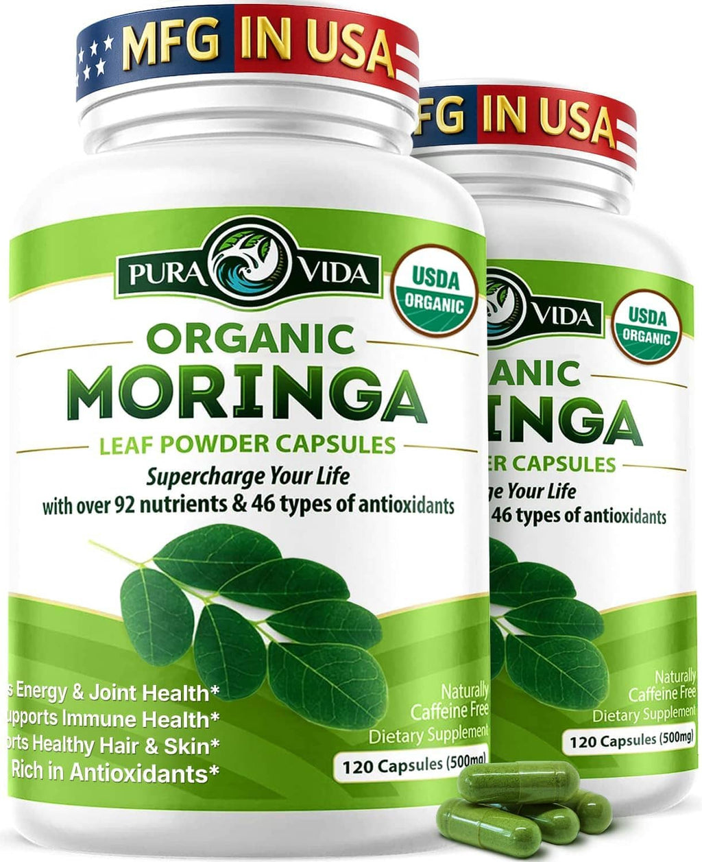 Organic moringa leaf powder capsules bottle front view with green pills