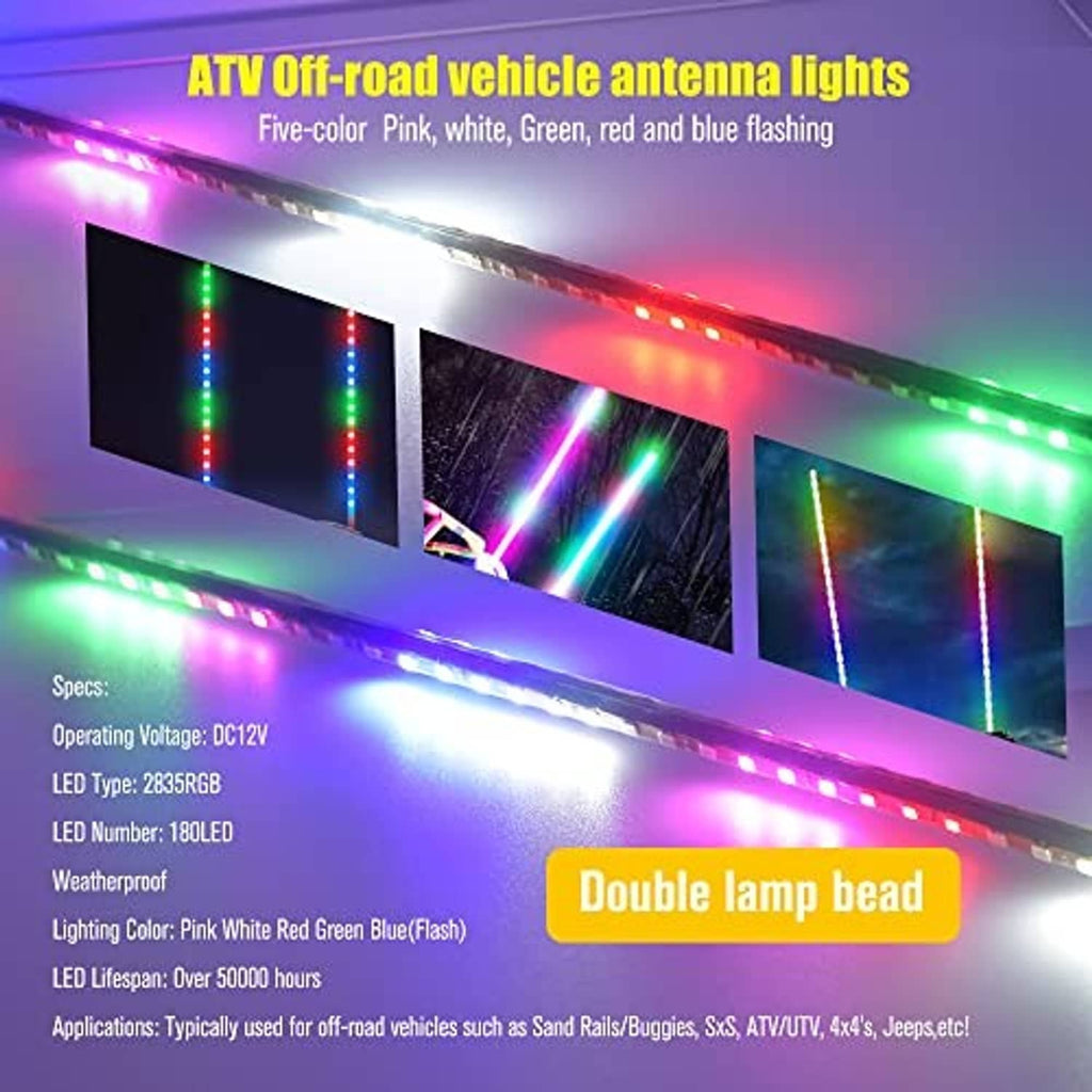 Two multicolor flashing LED whip lights with bright double lamp glow