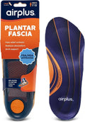 Blue plantar fascia orthotic insoles with orange arch support stripes, pair