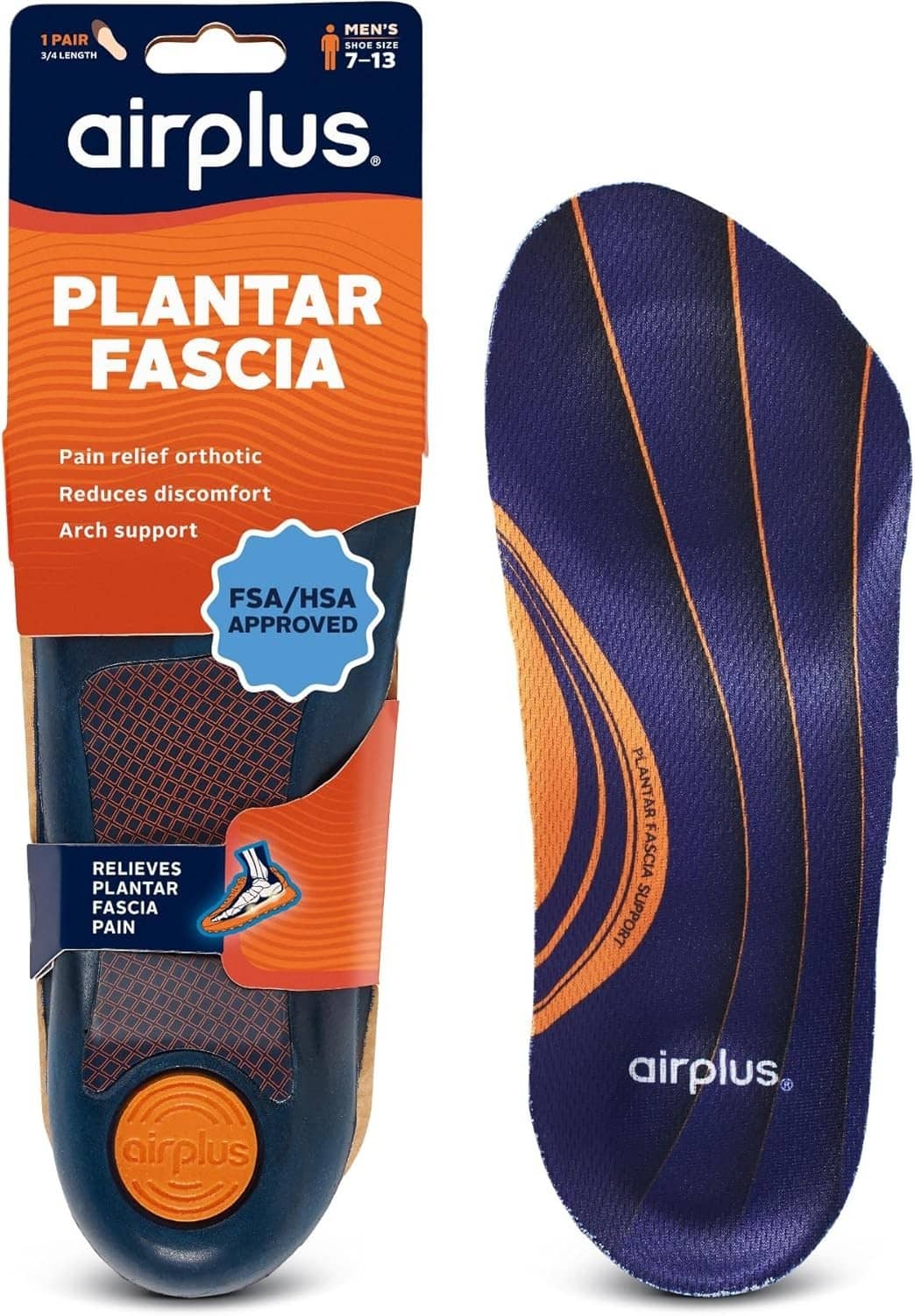 Blue plantar fascia orthotic insoles with orange arch support stripes, pair