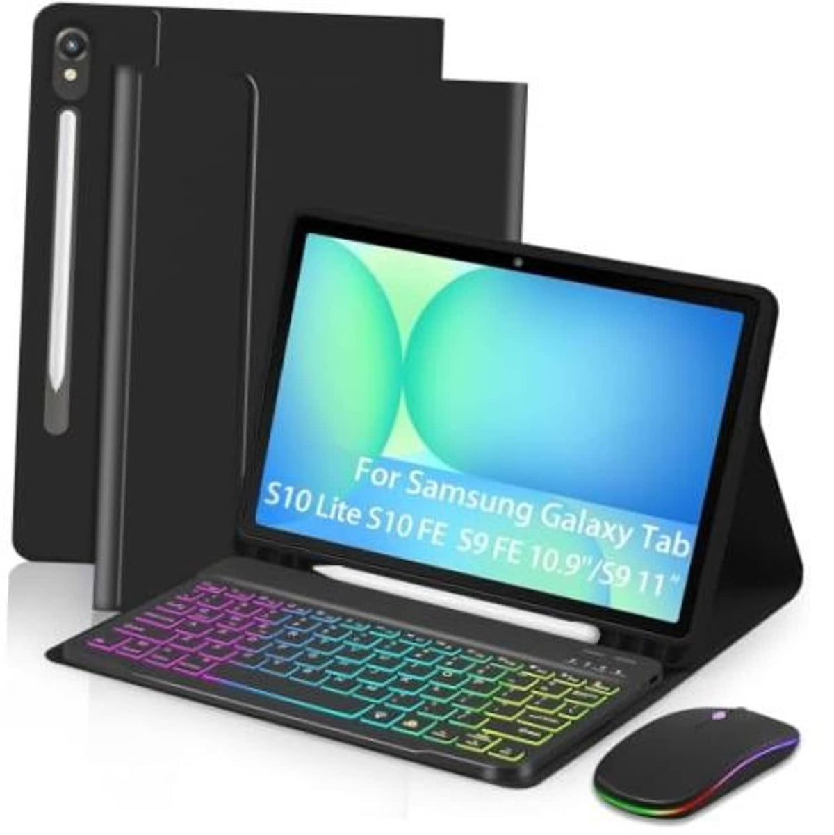 Black folio case with detachable keyboard and wireless mouse for Samsung Galaxy Tab