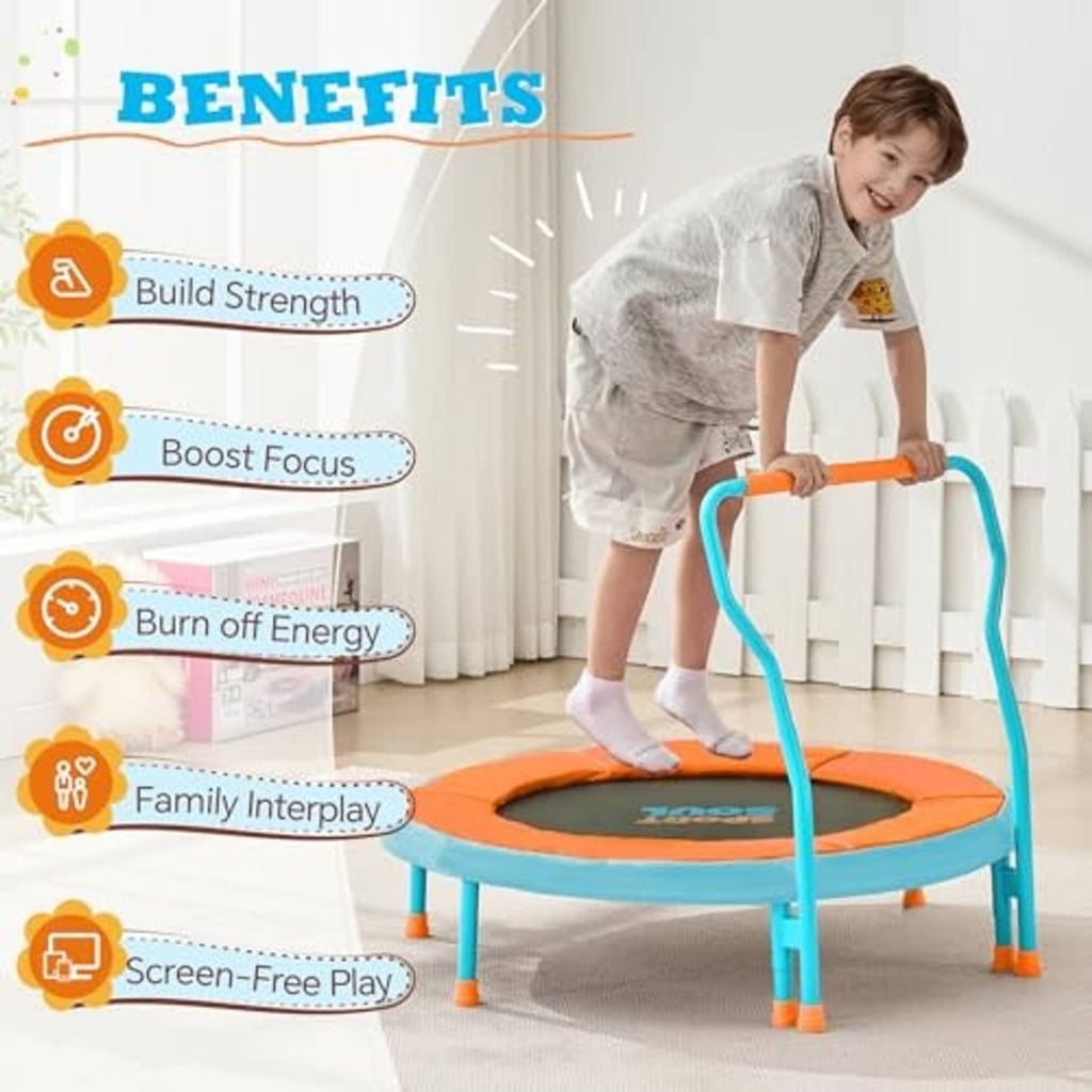 Kids mini trampoline with foam handle and orange round jump mat for family play