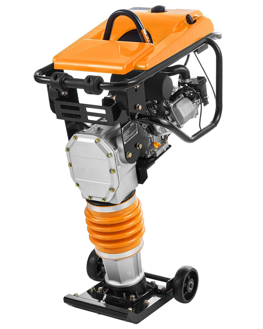 Gas powered jumping jack tamper compactor with orange engine and gray cylinder