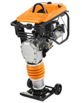 Gas powered jumping jack tamper compactor with orange engine and gray cylinder