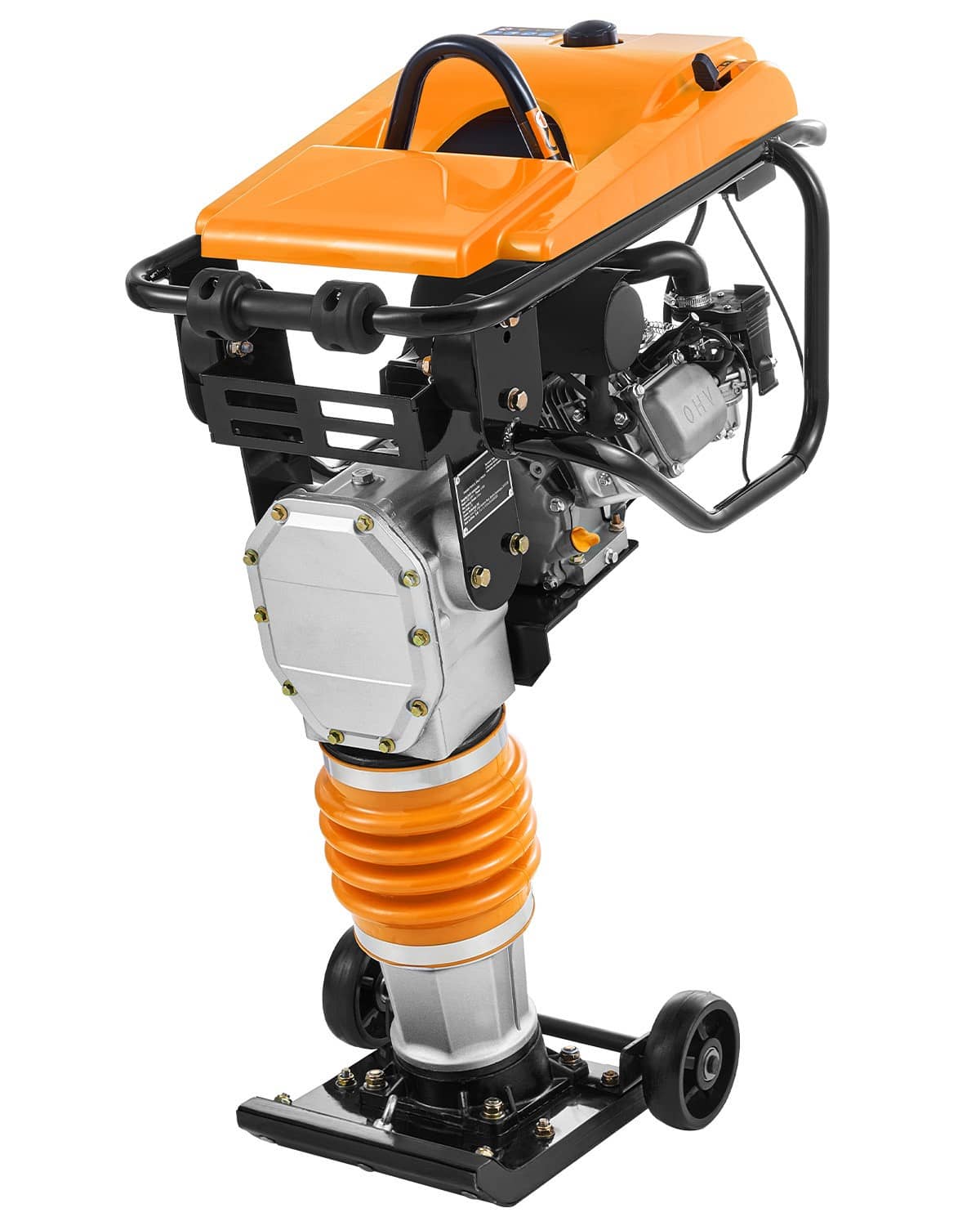 Gas powered jumping jack tamper compactor with orange engine and gray cylinder