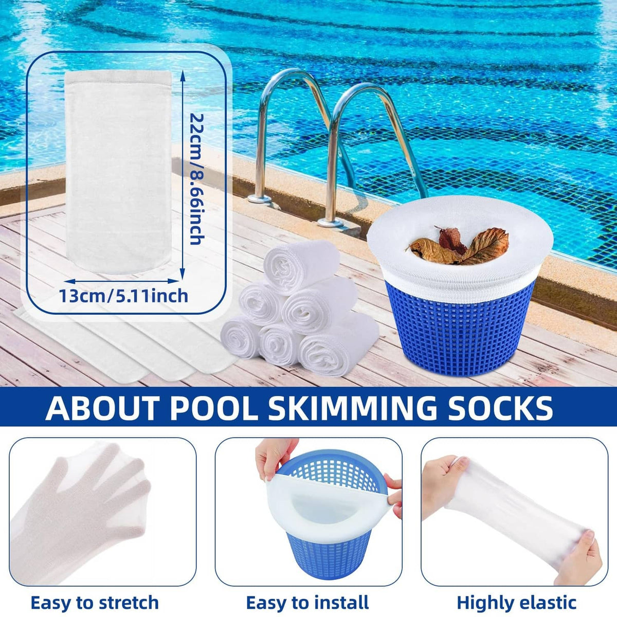 Set of white pool skimmer sock filters and blue mesh basket with debris