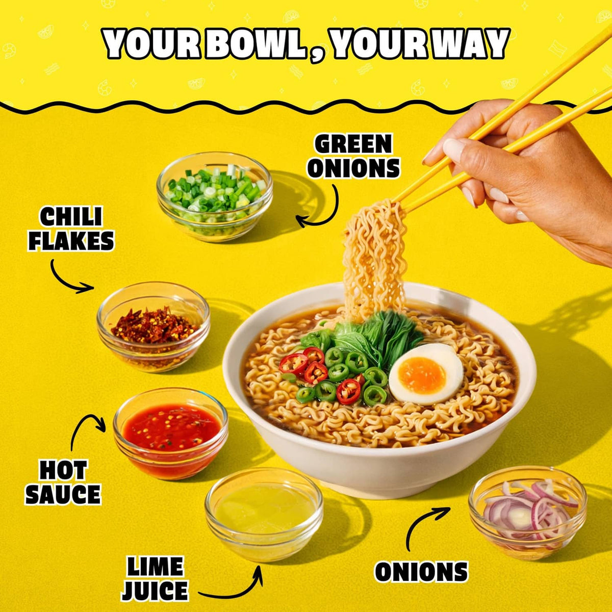 Chili flavor ramen noodle soup bowl with egg, chili flakes, and onion toppings