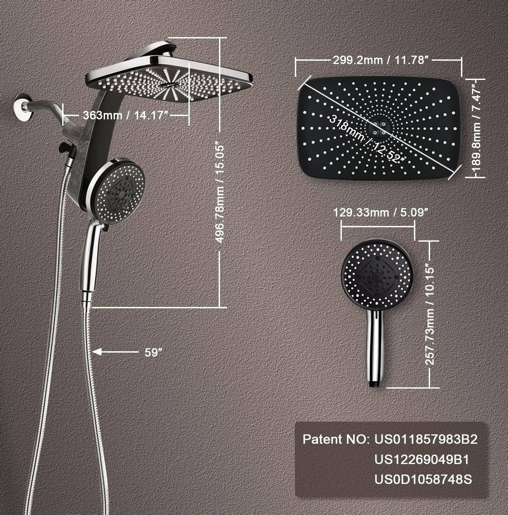 Chrome rain shower head and handheld sprayer with size measurements diagram