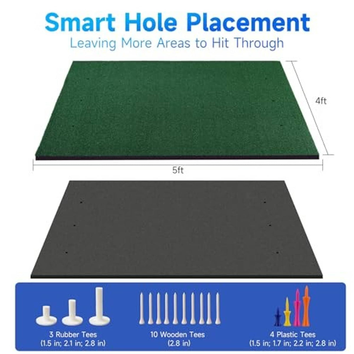 5x4 ft green golf hitting mat with tee placement set: rubber, wooden, and plastic tees