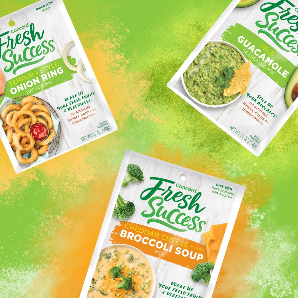 Assorted Fresh Success seasoning mix packets with green dip and soup mixes