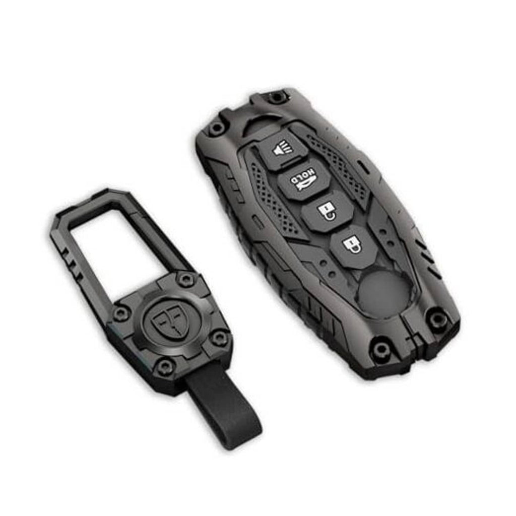 Black zinc alloy key fob cover with cutout and keyring strap, shows front button layout