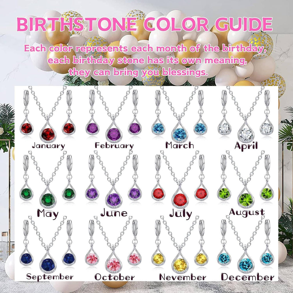 Birthstone necklace color guide featuring hanging silver teardrop charm necklaces
