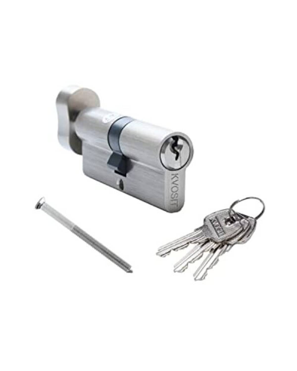 Brushed nickel lock cylinder with 3 brass keys on key ring
