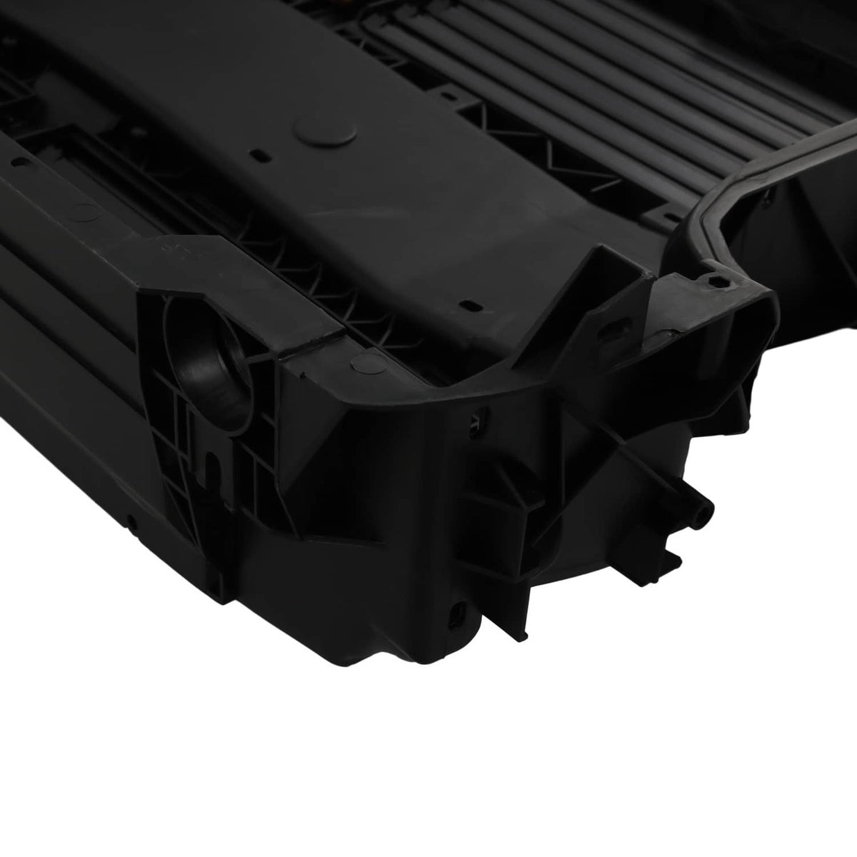 Radiator support grille air shutter housing with mounting tabs, black plastic