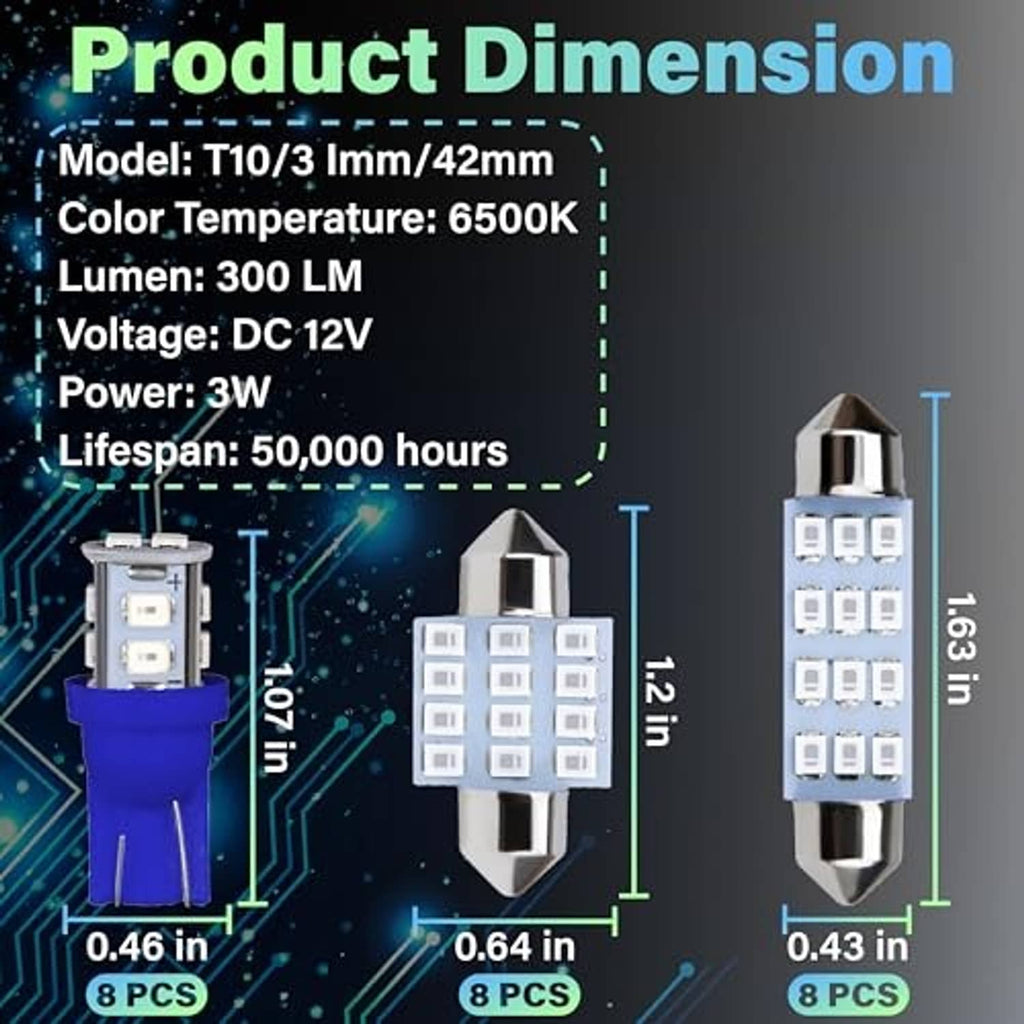 Blue LED dome light bulb with size diagram and measurement lines for T10/3 and 42mm