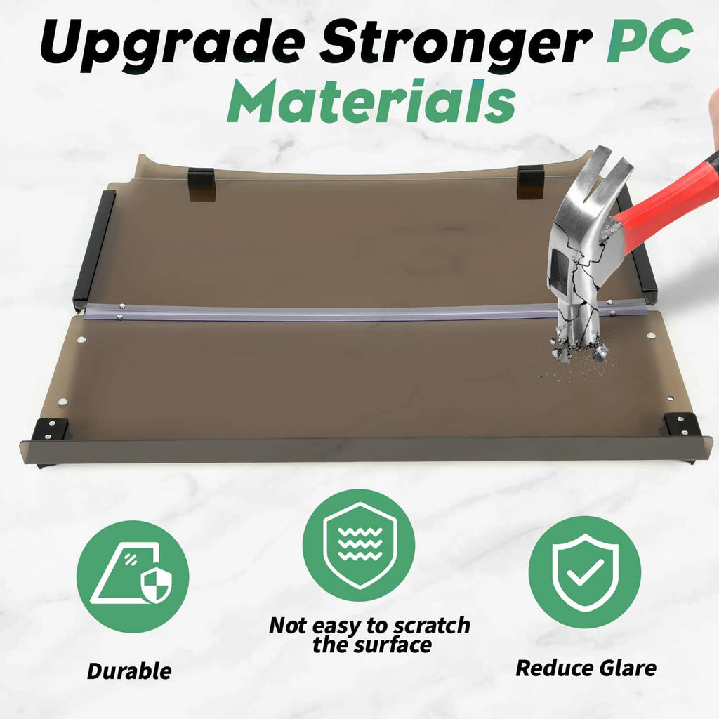 Tinted folding windshield panel with black mounting brackets and visible hinge mechanism