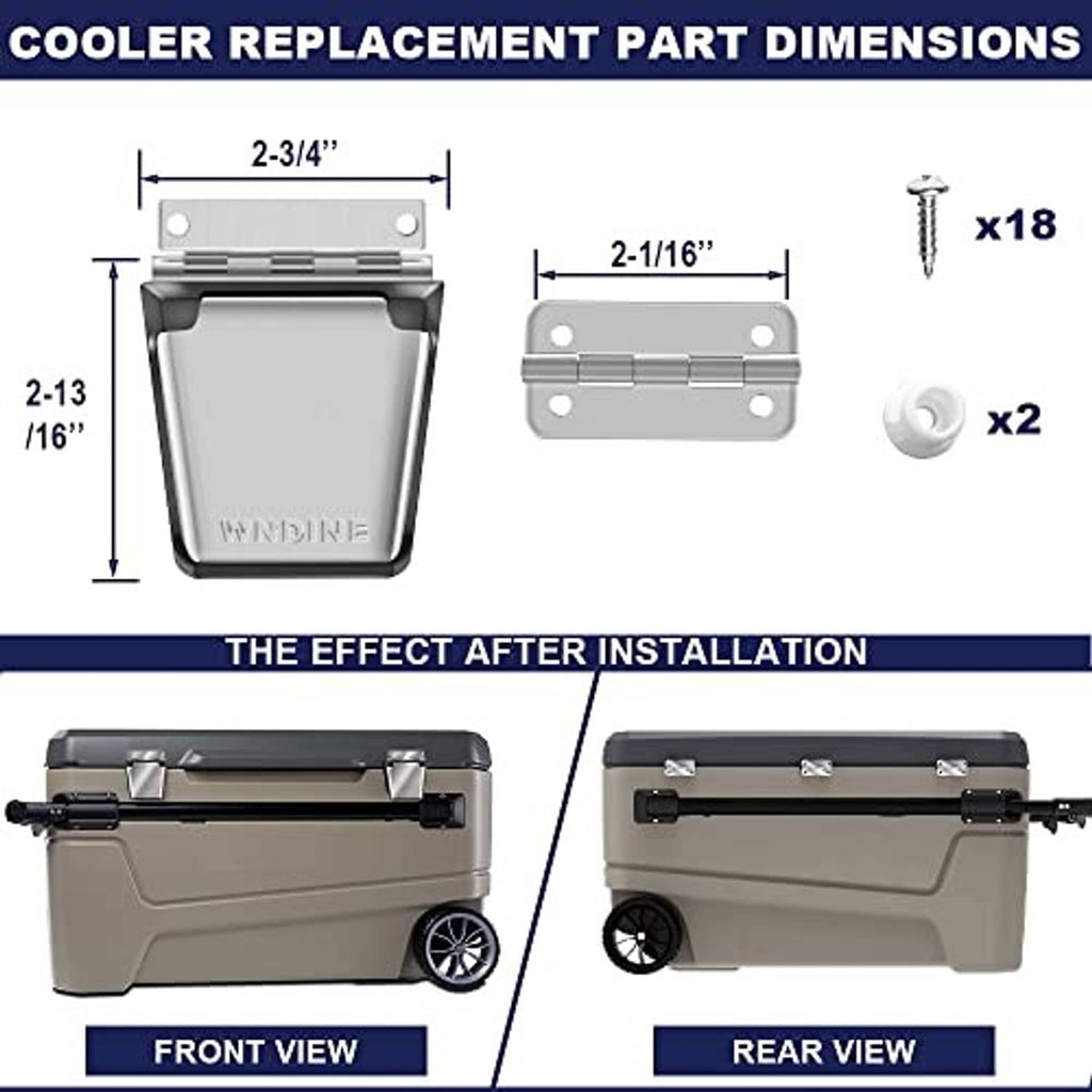 Cooler replacement hinge and latch set with labeled measurements and screw counts