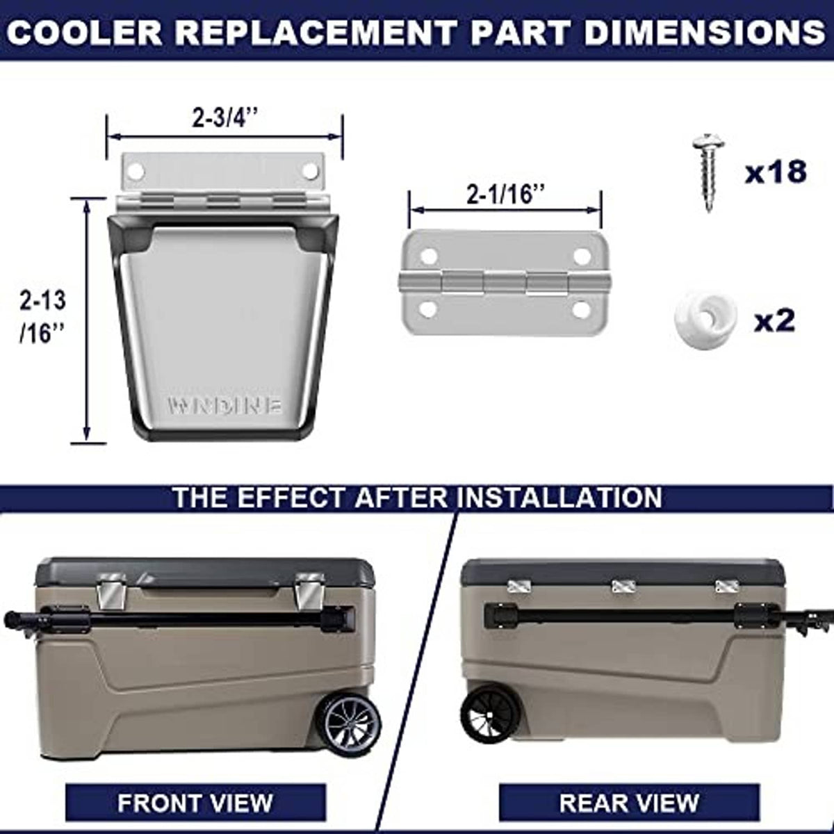 Cooler replacement hinge and latch set with labeled measurements and screw counts