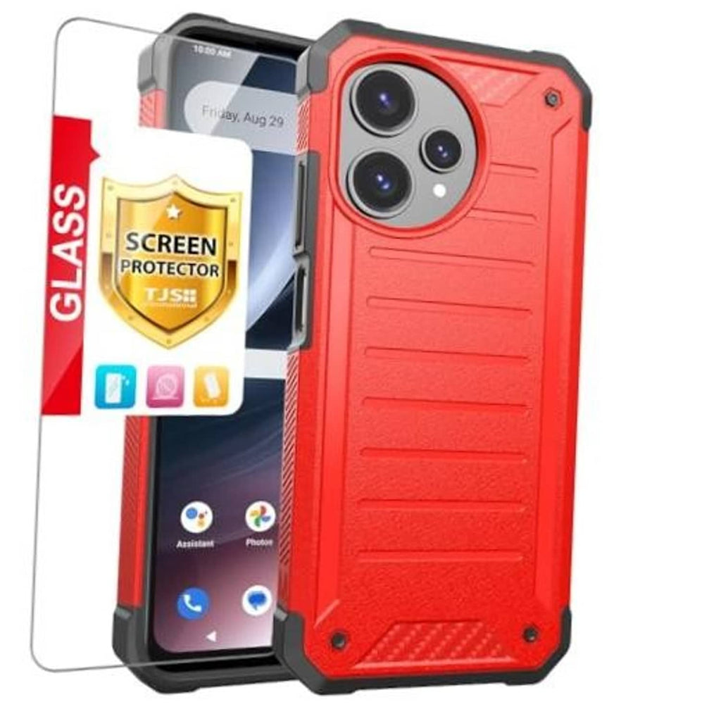 Red rugged phone case with screen protector, raised camera cutouts and textured edges