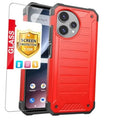 Red rugged phone case with screen protector, raised camera cutouts and textured edges