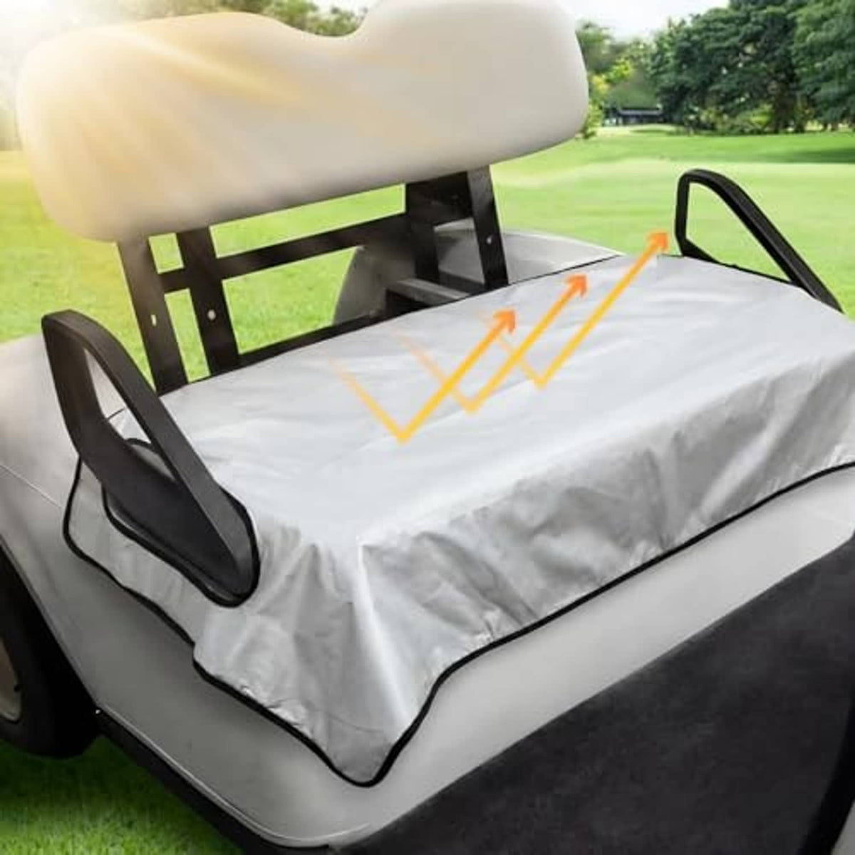 Gray golf cart seat cover blanket with orange alignment arrows and black seat border