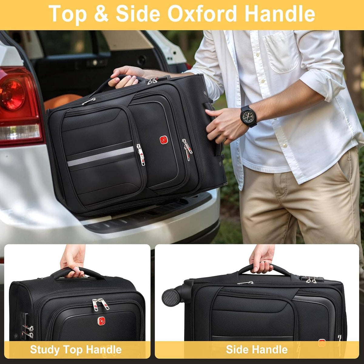 Black softside carry-on suitcase with top and side handles