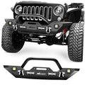 Black off-road front bumper with LED light bar mounts and winch-hardware brackets
