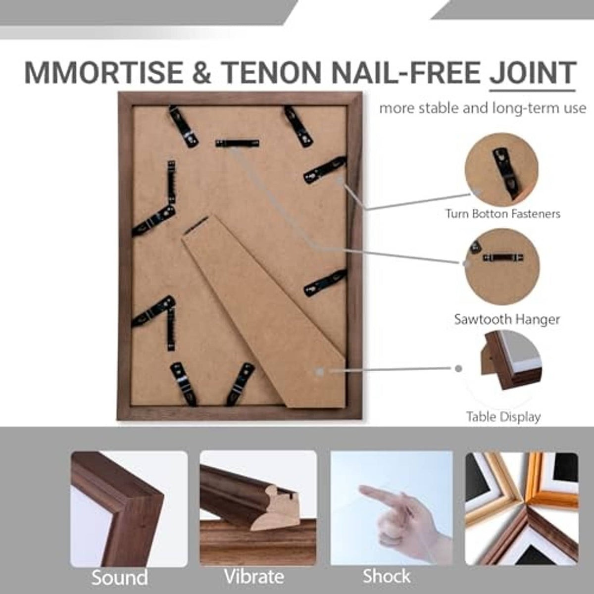 Natural walnut wood picture frame back with mortise & tenon nail-free joinery details