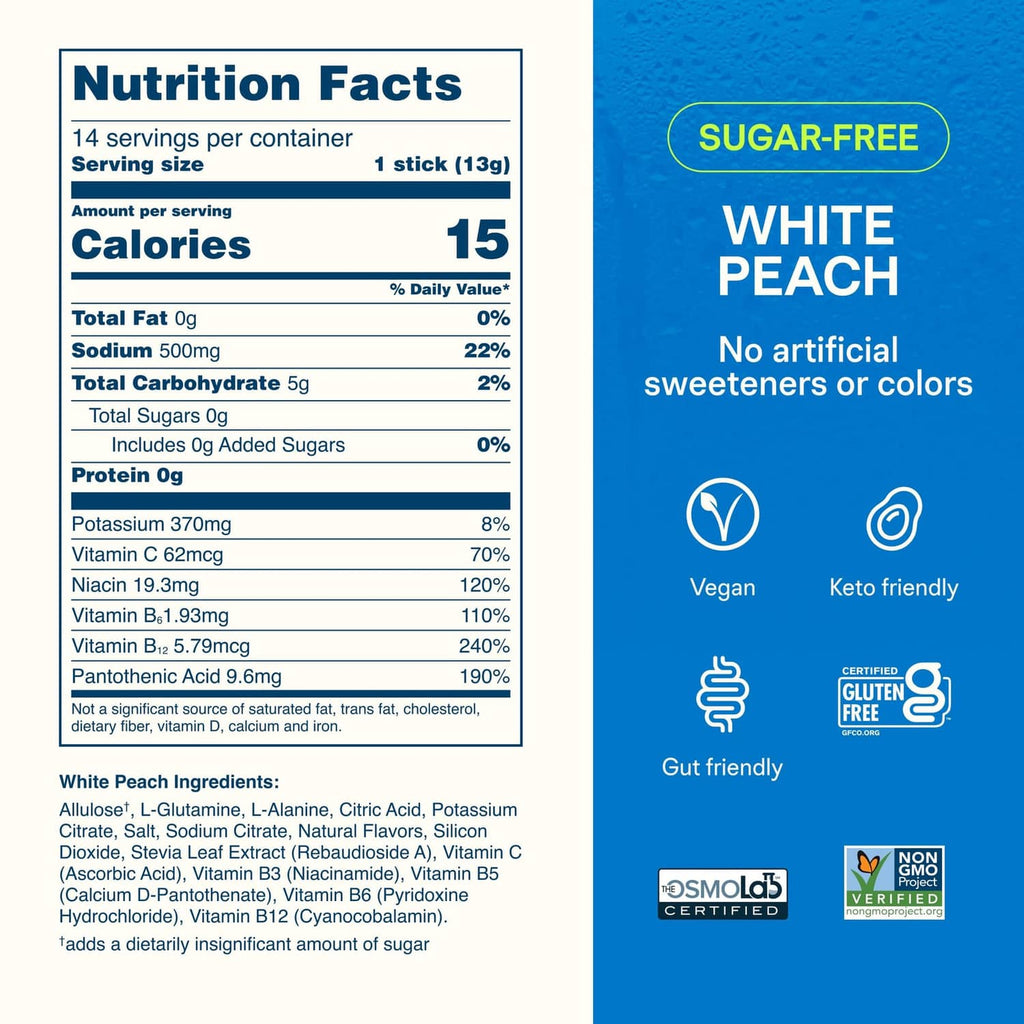 Liquid I.V. white peach sugar-free nutrition facts panel with vegan and gluten-free icons