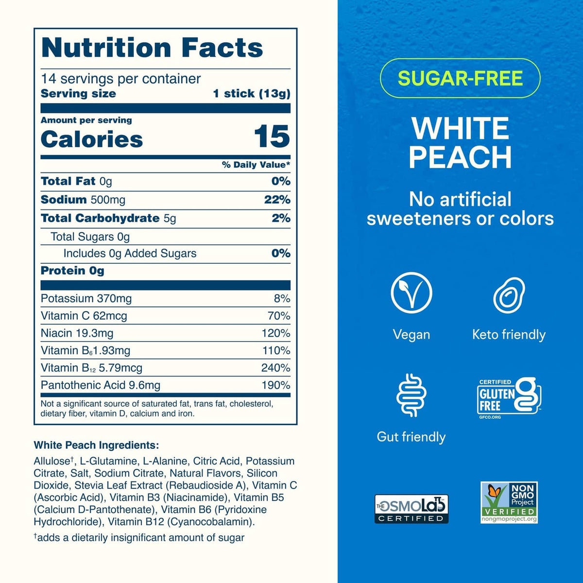 Liquid I.V. white peach sugar-free nutrition facts panel with vegan and gluten-free icons