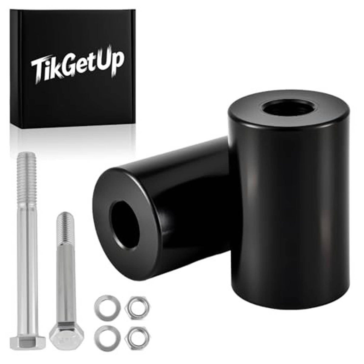 Black handlebar riser extension pair with two cylindrical spacers and bolts