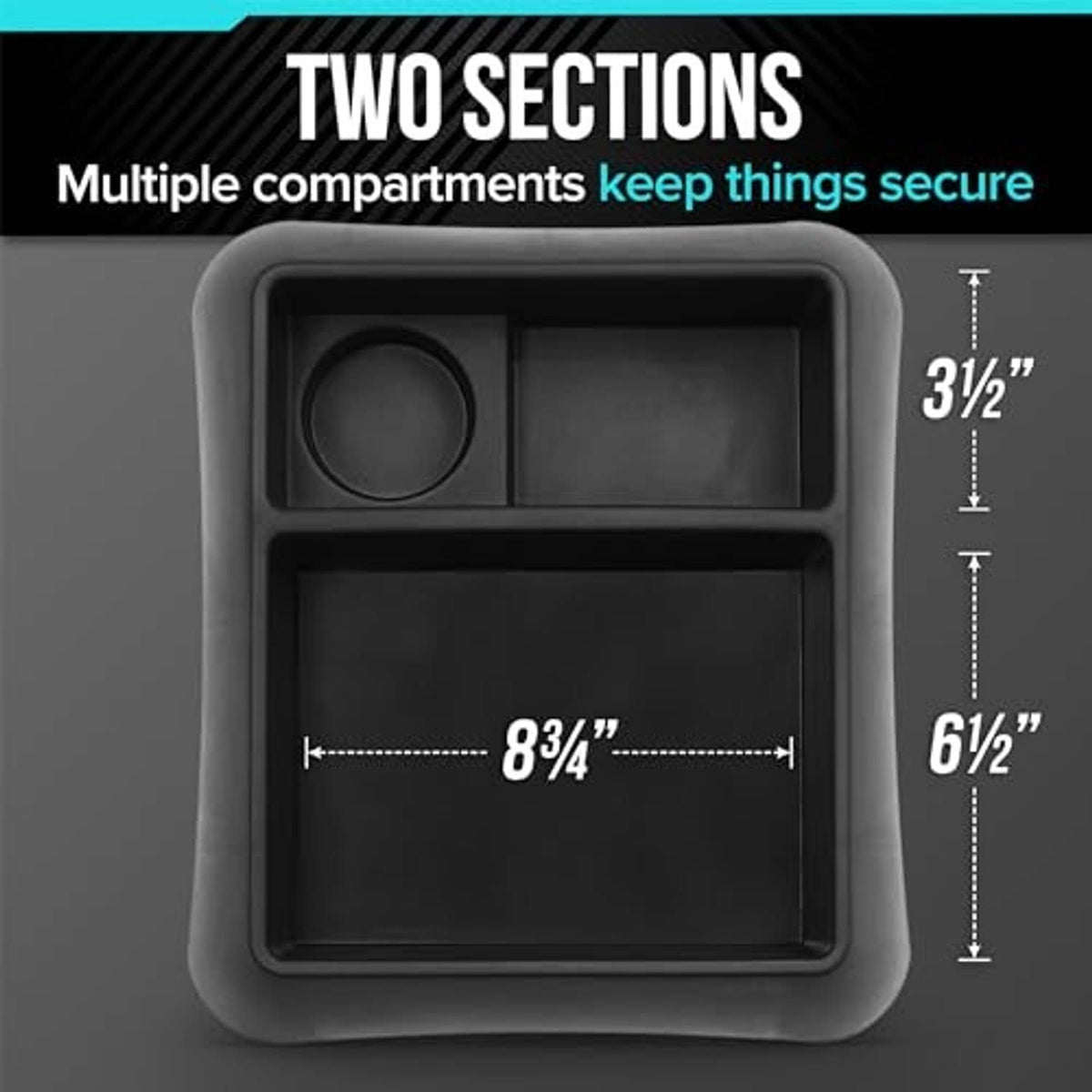 Two-compartment black storage organizer tray with recessed divider