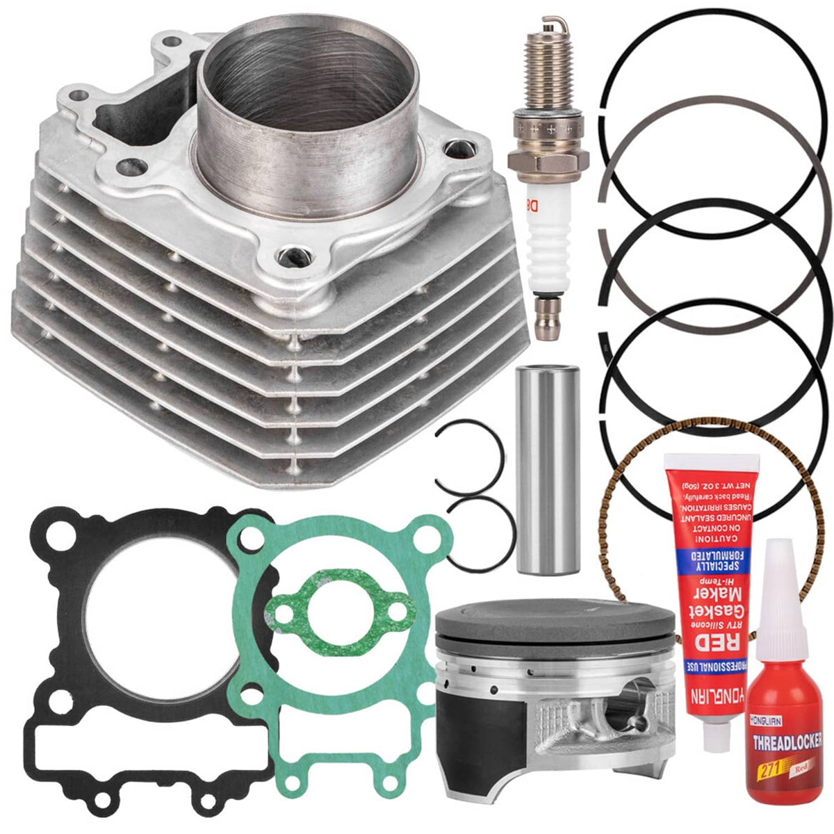 Cylinder piston and top end kit with cylinder, piston, spark plug, piston rings, and gaskets