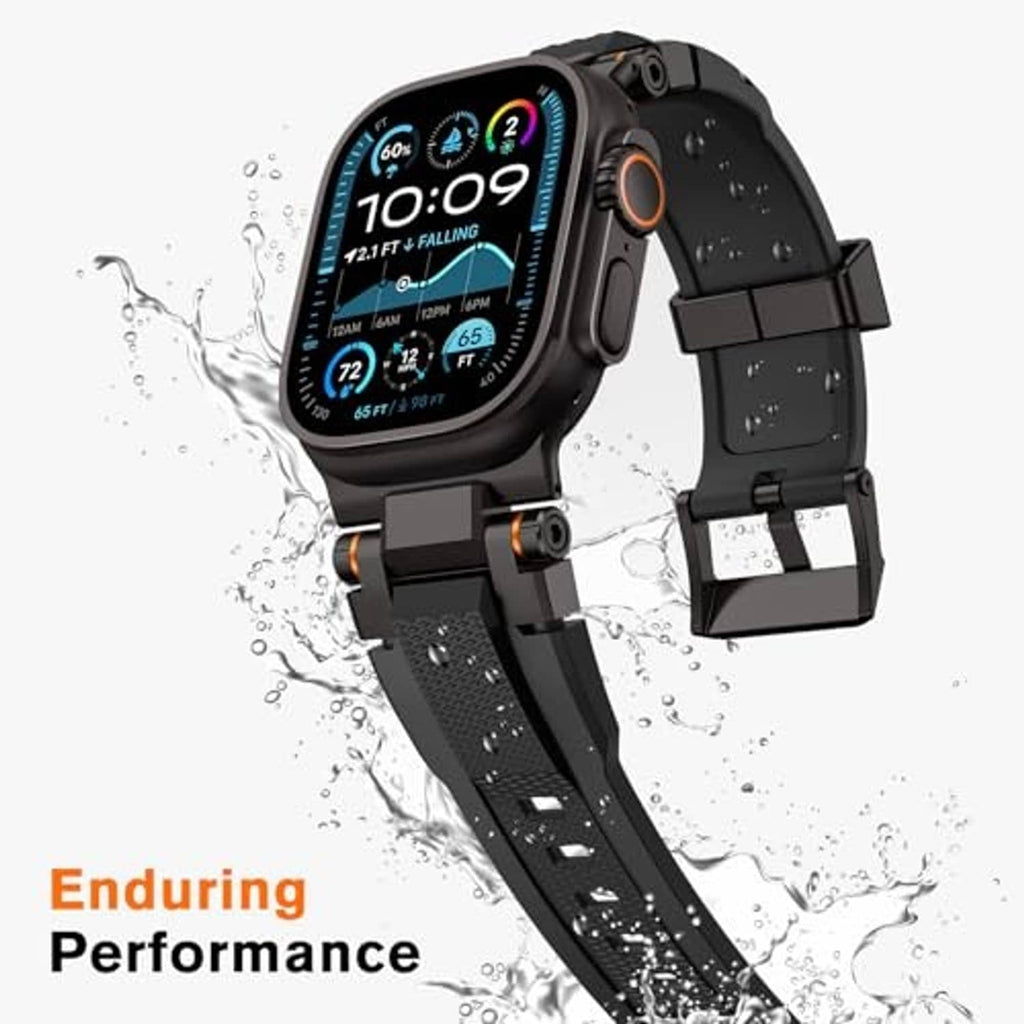 Matte black rugged watch band with perforated strap and metal clasp, water splash
