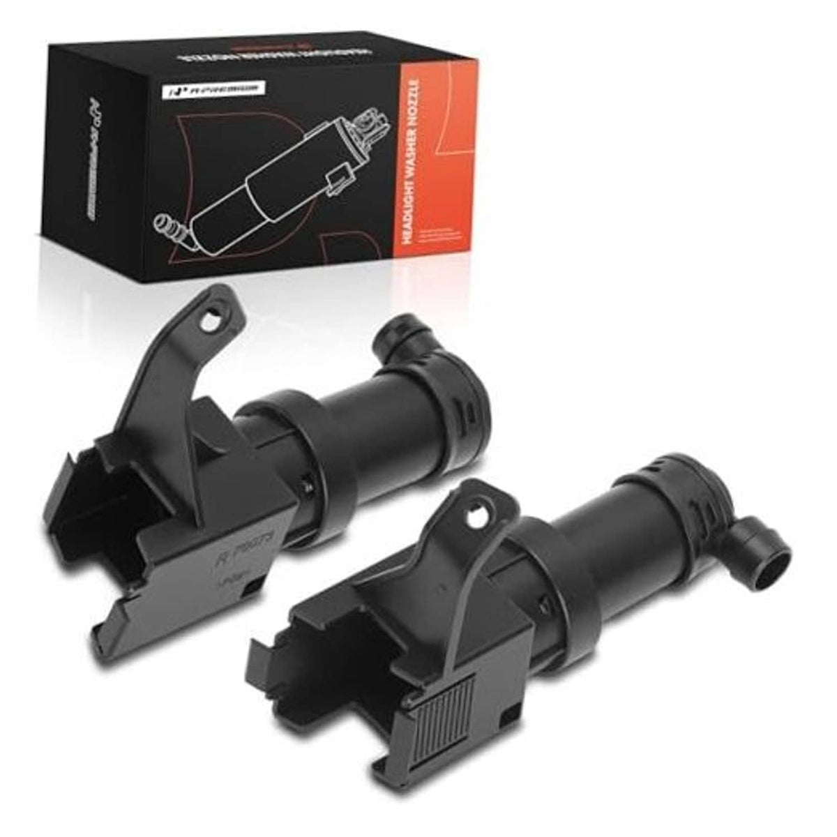 Set of 2 black headlight washer nozzles with mounting brackets, plus retail box