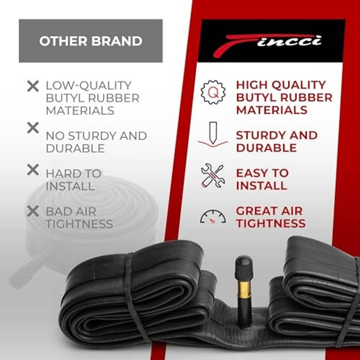 Durability comparison graphic for butyl rubber bicycle inner tubes, easy to install