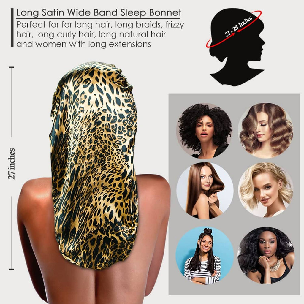 Leopard print long satin sleep bonnet with wide band, fully covering hood