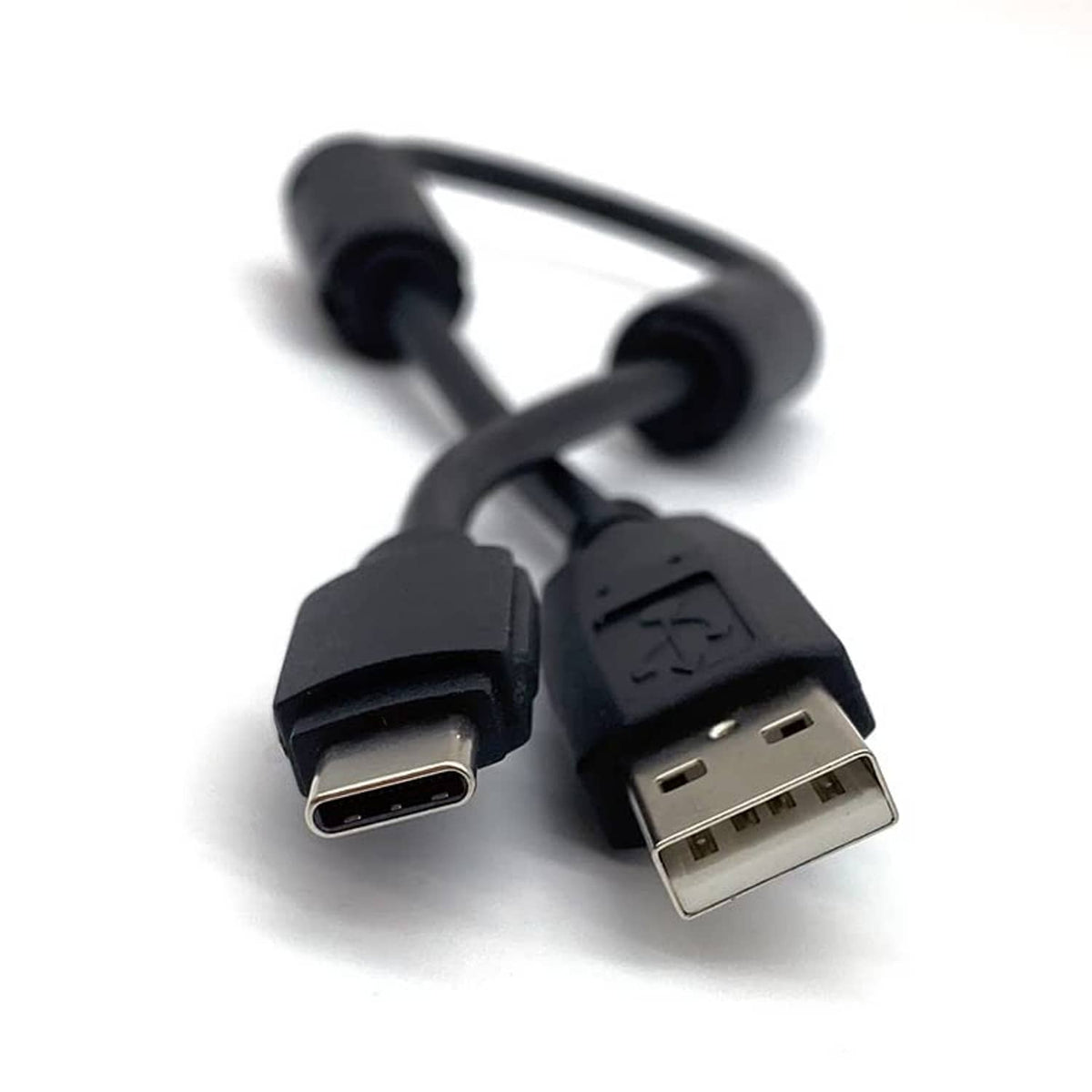 Black shielded USB-A to USB-C cable with ferrite cores near the connectors