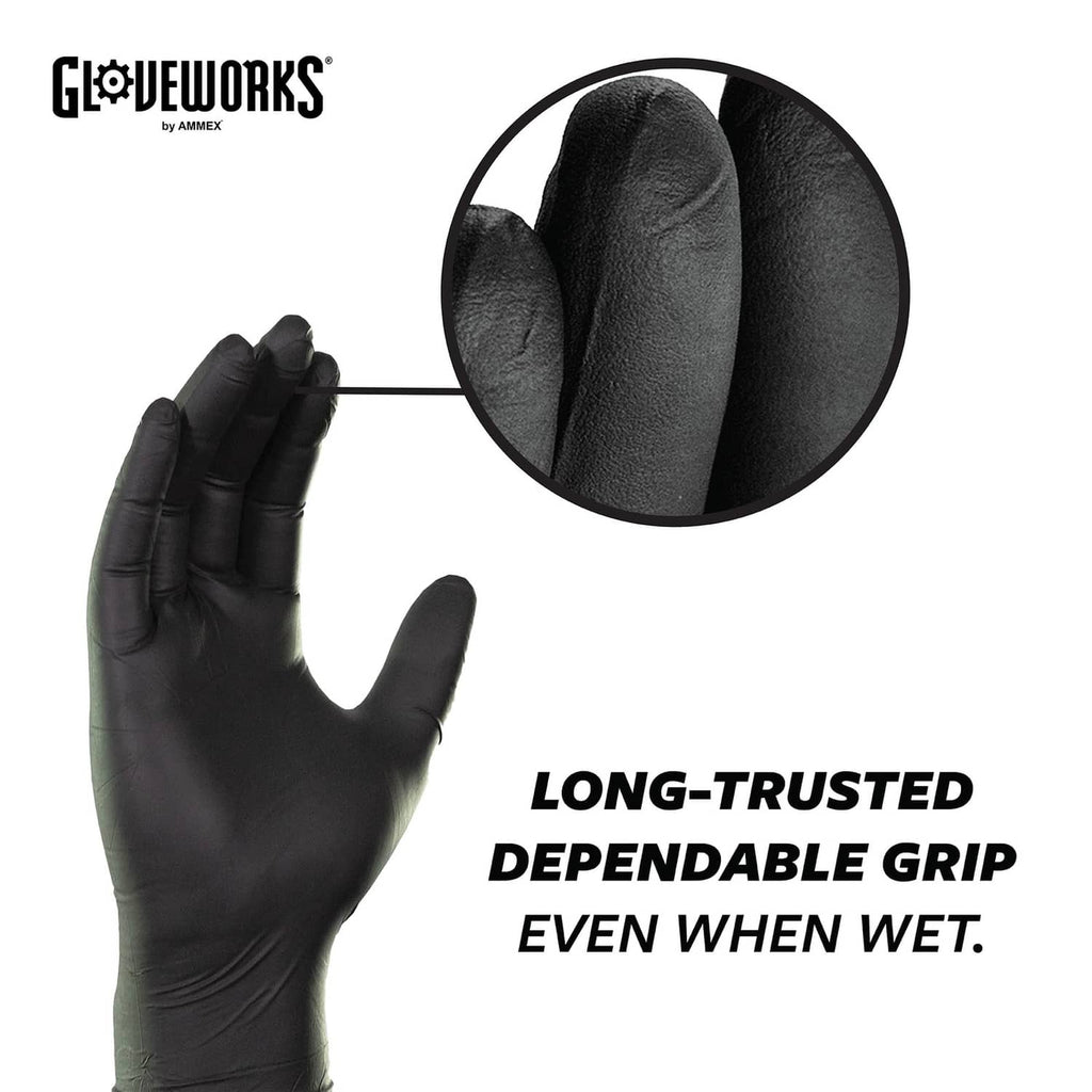 Black nitrile glove with textured grip close-up, medium fit for wet use