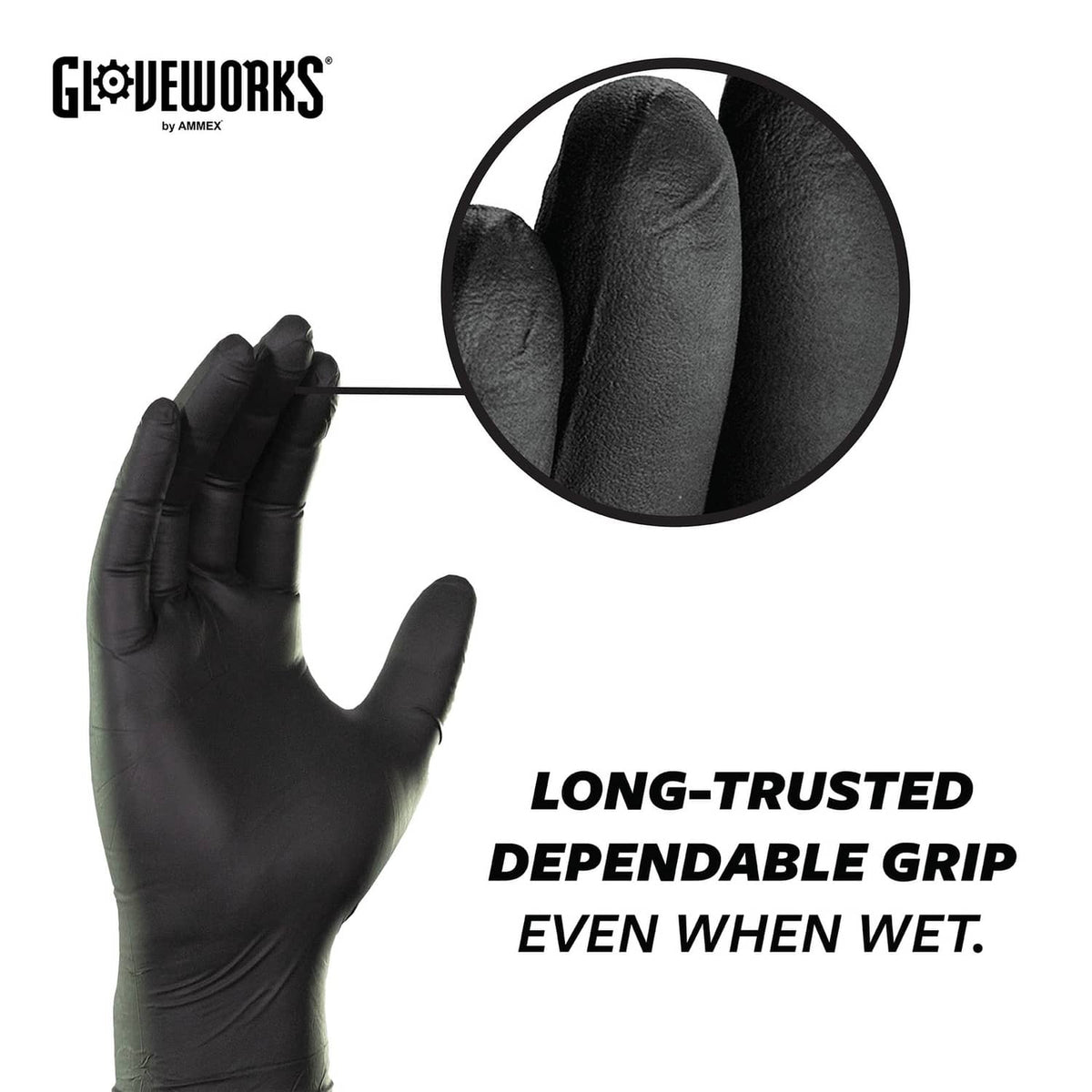 Black nitrile glove with textured grip close-up, medium fit for wet use