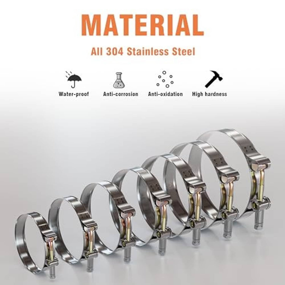 Stainless steel T-bolt hose clamps with gold-toned screw bands for anti-corrosion use