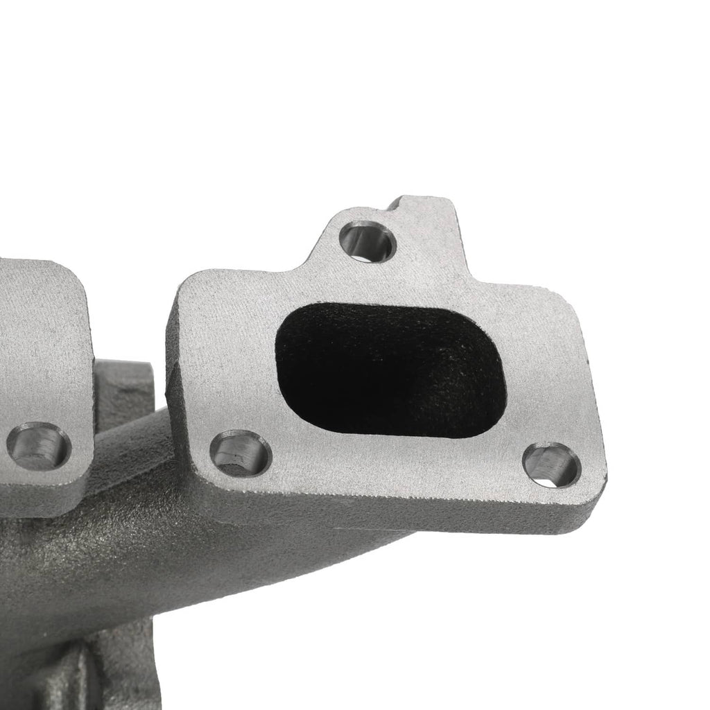 Cast turbo exhaust housing with black gasket opening, textured metal surface