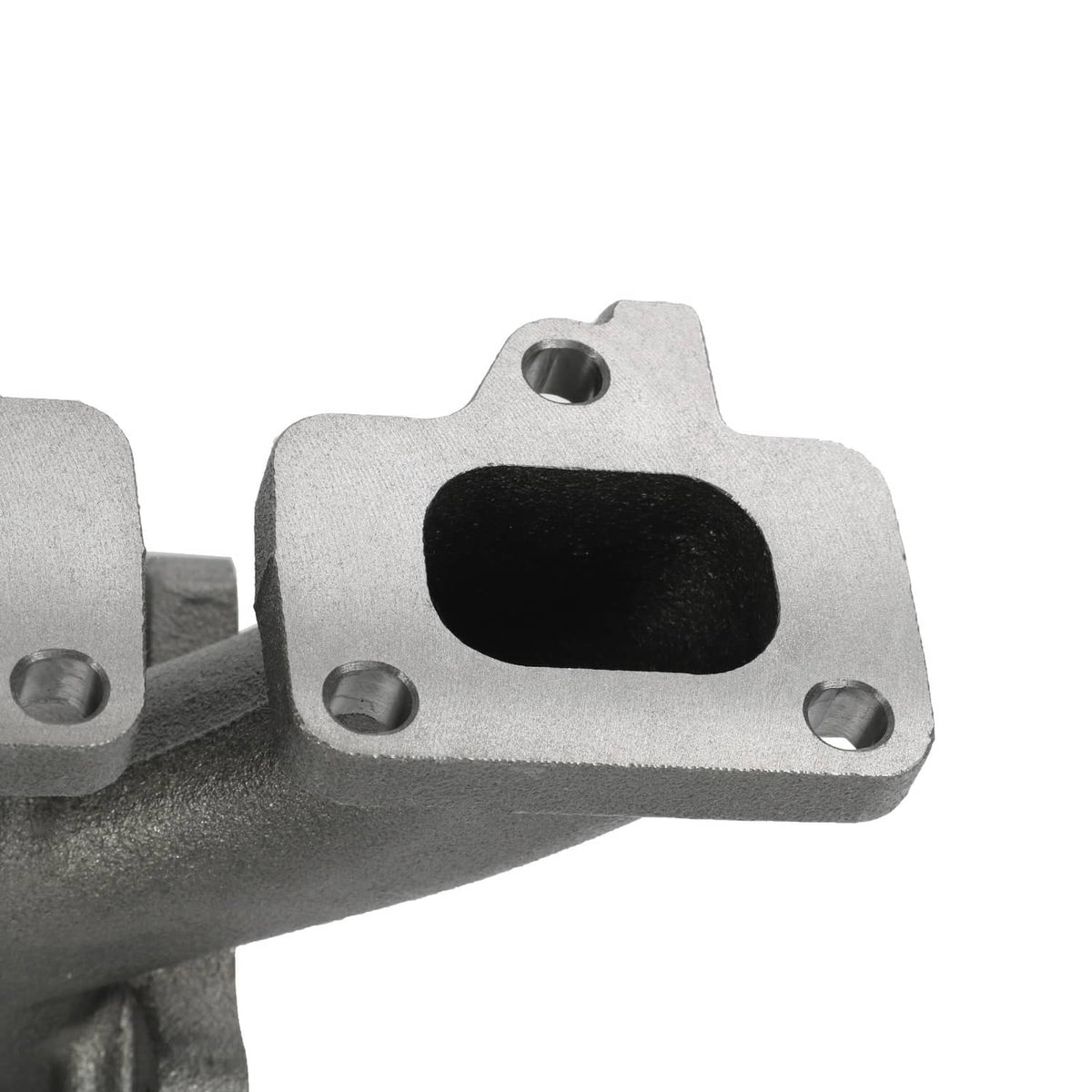 Cast turbo exhaust housing with black gasket opening, textured metal surface