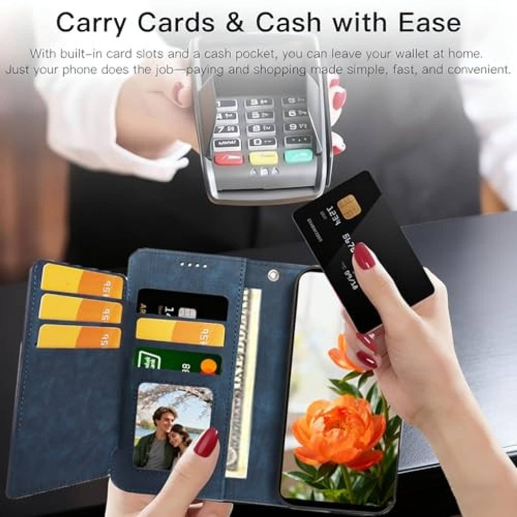 Blue phone wallet case open with card slots and phone screen showing orange flowers