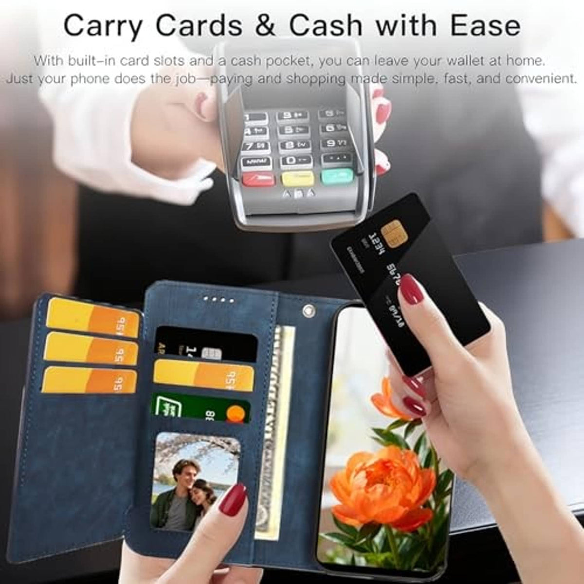 Blue phone wallet case open with card slots and phone screen showing orange flowers